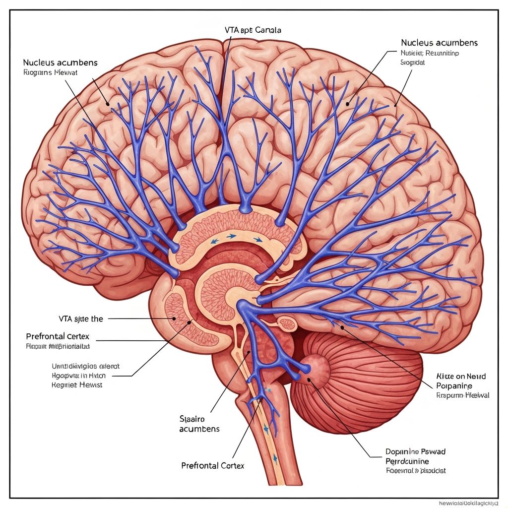 Neurobiological illustration of dopamine reward pathways and neural circuits
