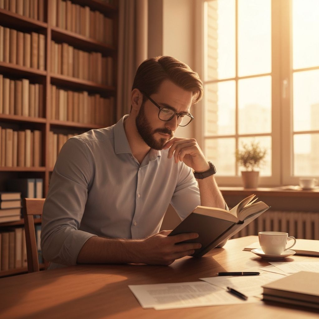 Person in contemplative state reading and reflecting on psychological concepts